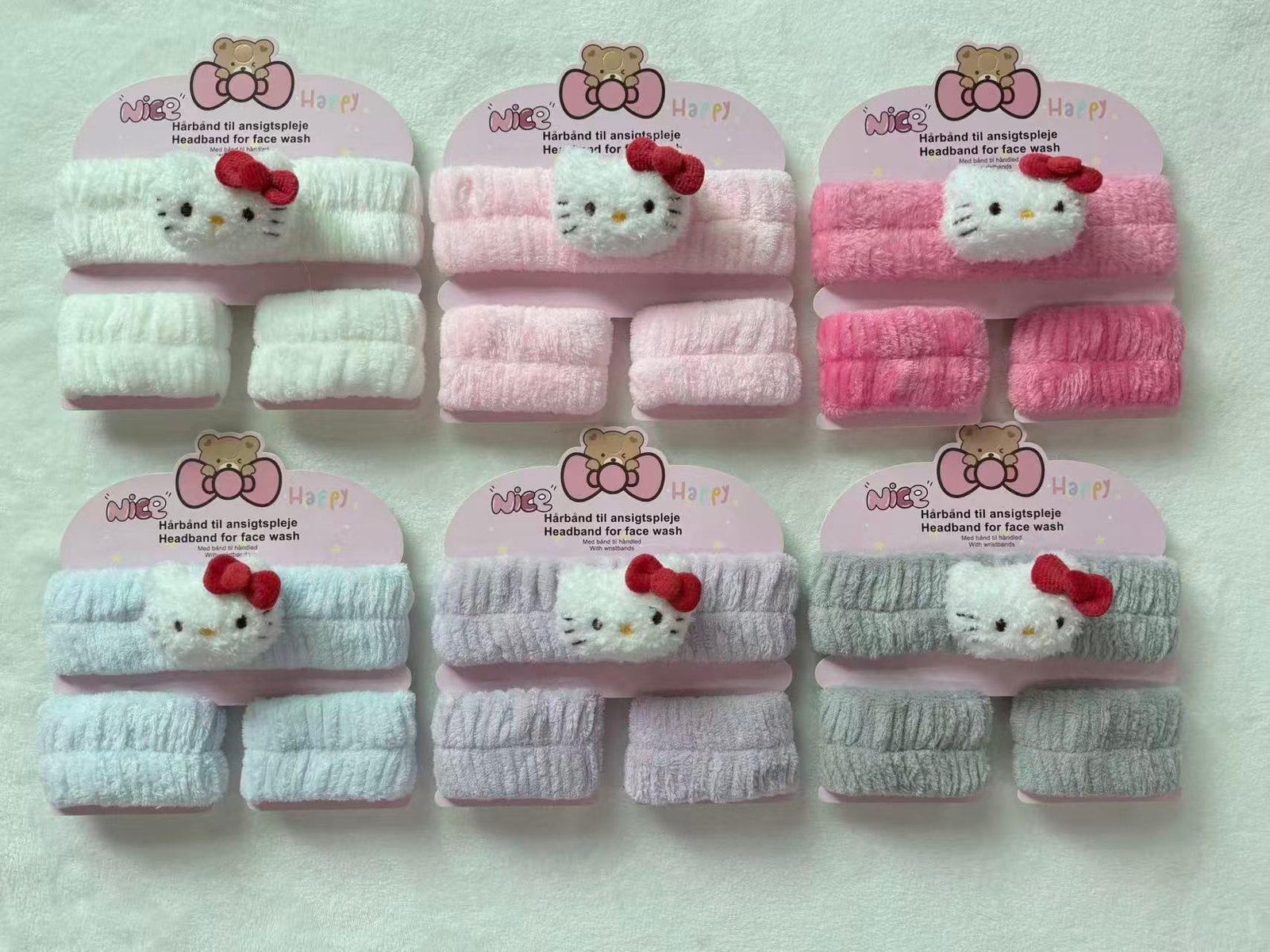 Wholesale Cartoon Kitty Facial Headband with Water Stopping Wrist Cuffs Card Pack