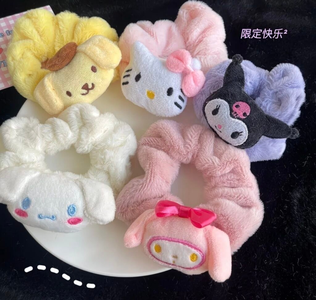 3D plush Sanrio character scrunchies wholesale Hello Kitty Kuromi My Melody Cinnamoroll Pompompurin fluffy hair ties bulk