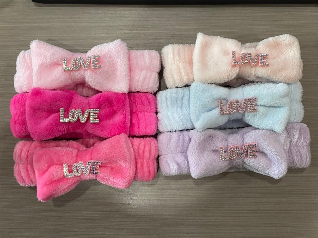 Rhinestone LOVE letter bow plush spa headband wholesale pastel fluffy facial wash hair bands bulk