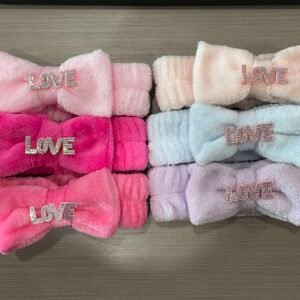 Rhinestone LOVE letter bow plush spa headband wholesale pastel fluffy facial wash hair bands bulk