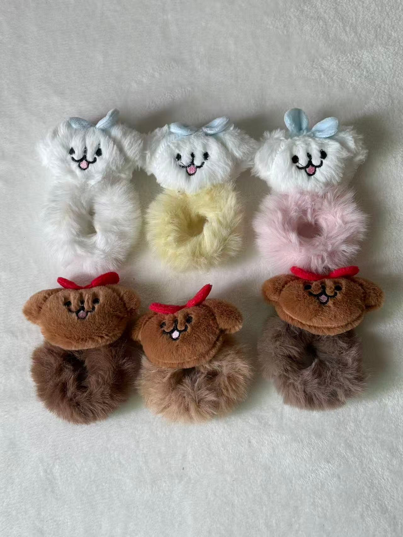cute bow dog plush scrunchies bulk wholesale kawaii fluffy hair ties