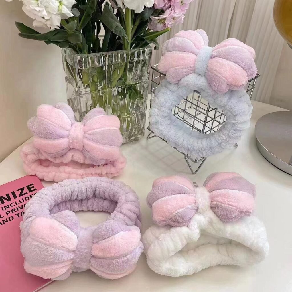 Wholesale flannel spa headband set with shell bow design in pink and purple gradient