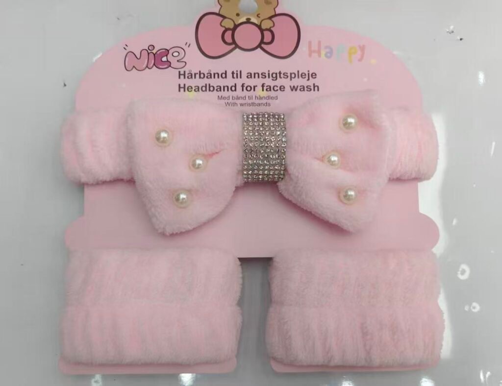 Pink pearl rhinestone bow headband and wristband set for face wash bulk