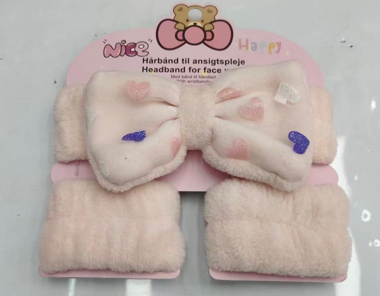 Wholesale flannel spa headband set with glitter hearts and wristbands pink