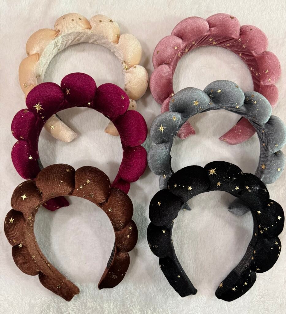 Velvet Bubble Cloud Headband With Golden Star Print, Padded Wide Headband