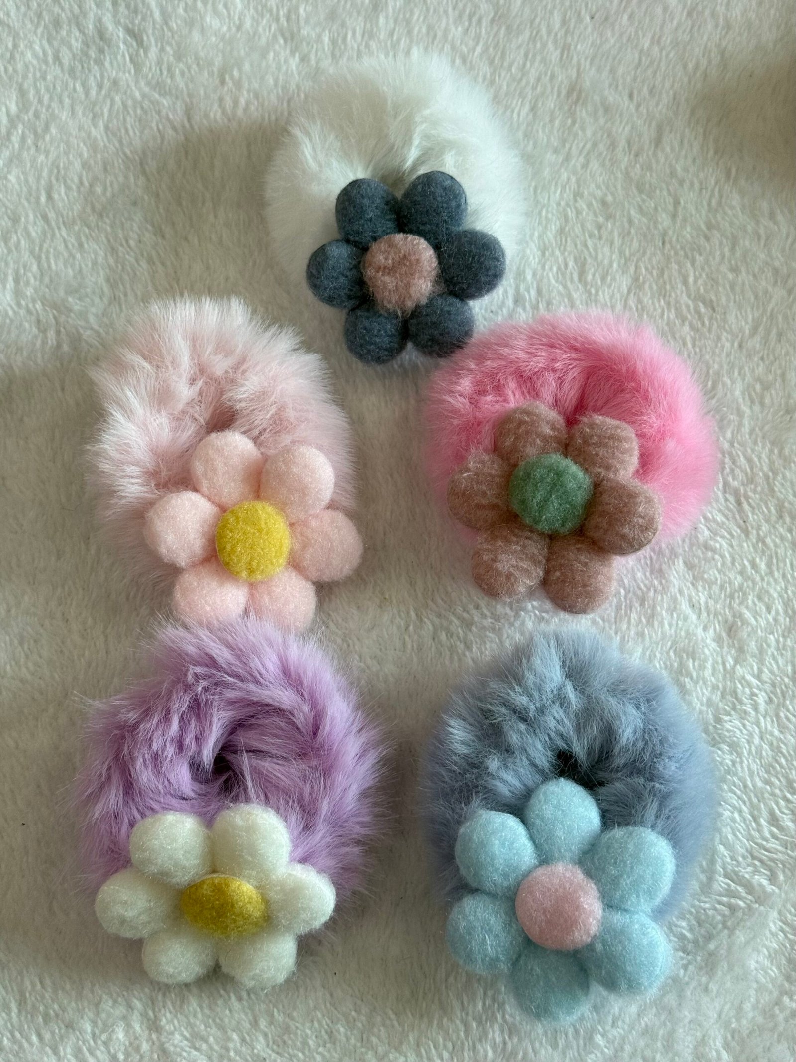 Plush cartoon fluffy scrunchie, 3D felt flower faux fur hair tie, cute floral fuzzy scrunchies set