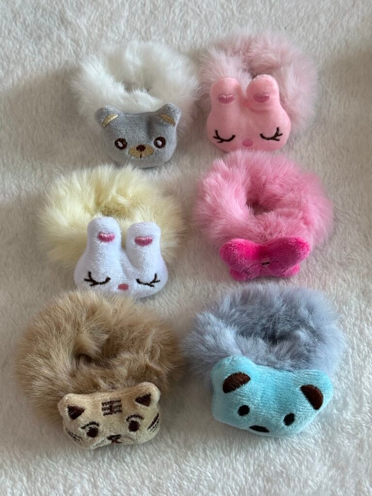 Wholesale plush cartoon fluffy scrunchie, bunny cat tiger bear 3D doll furry hair elastic for girls